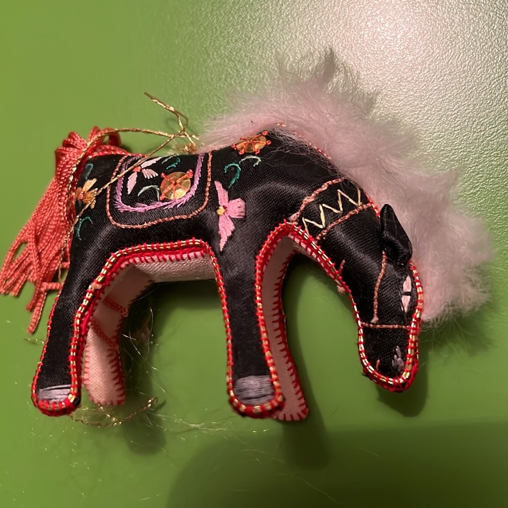 3” vintage China silk handmade horse figure 70s 80s ornament embroidery